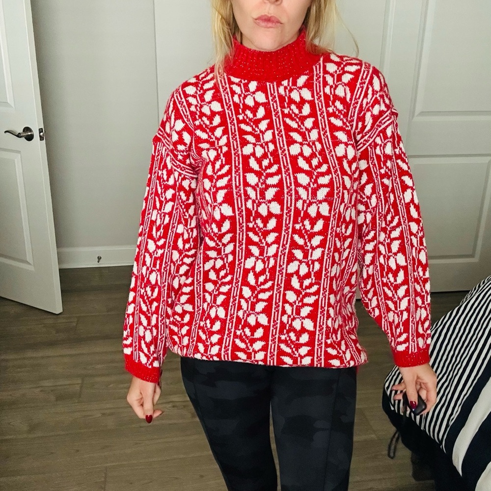 Vibrant Red and White Women's Turtleneck Sweater